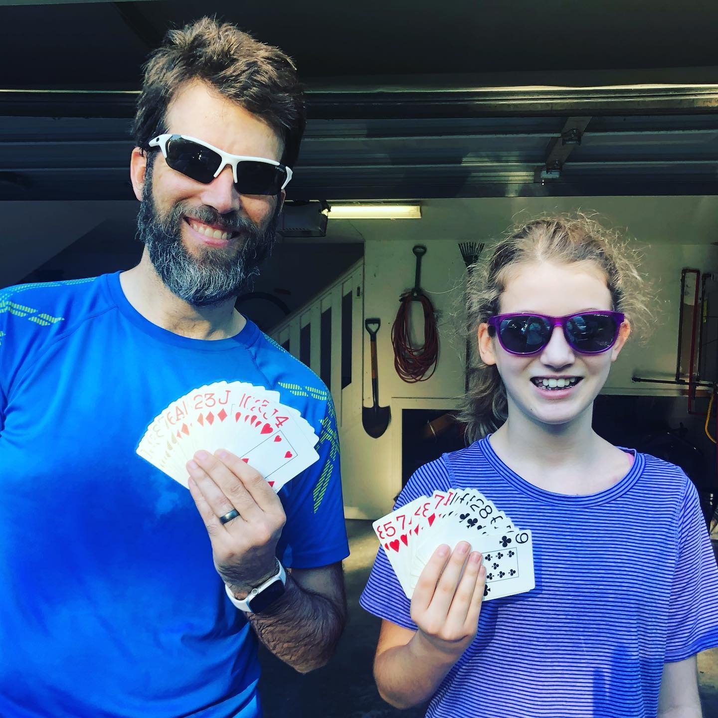 Sara and I did our deck-of-cards partner workout again today. Each person takes turns drawing a single card and you work through the entire deck. The suit determines what exercise you do and the number defines the reps. In total Sara did 38 sit-ups, 67 pushups, 47 squats, and 43 burpees. I did 56 sit-ups, 27 pushups, 49 squats, and 51 burpees. As always, this is a really fun way to workout. #family #workout